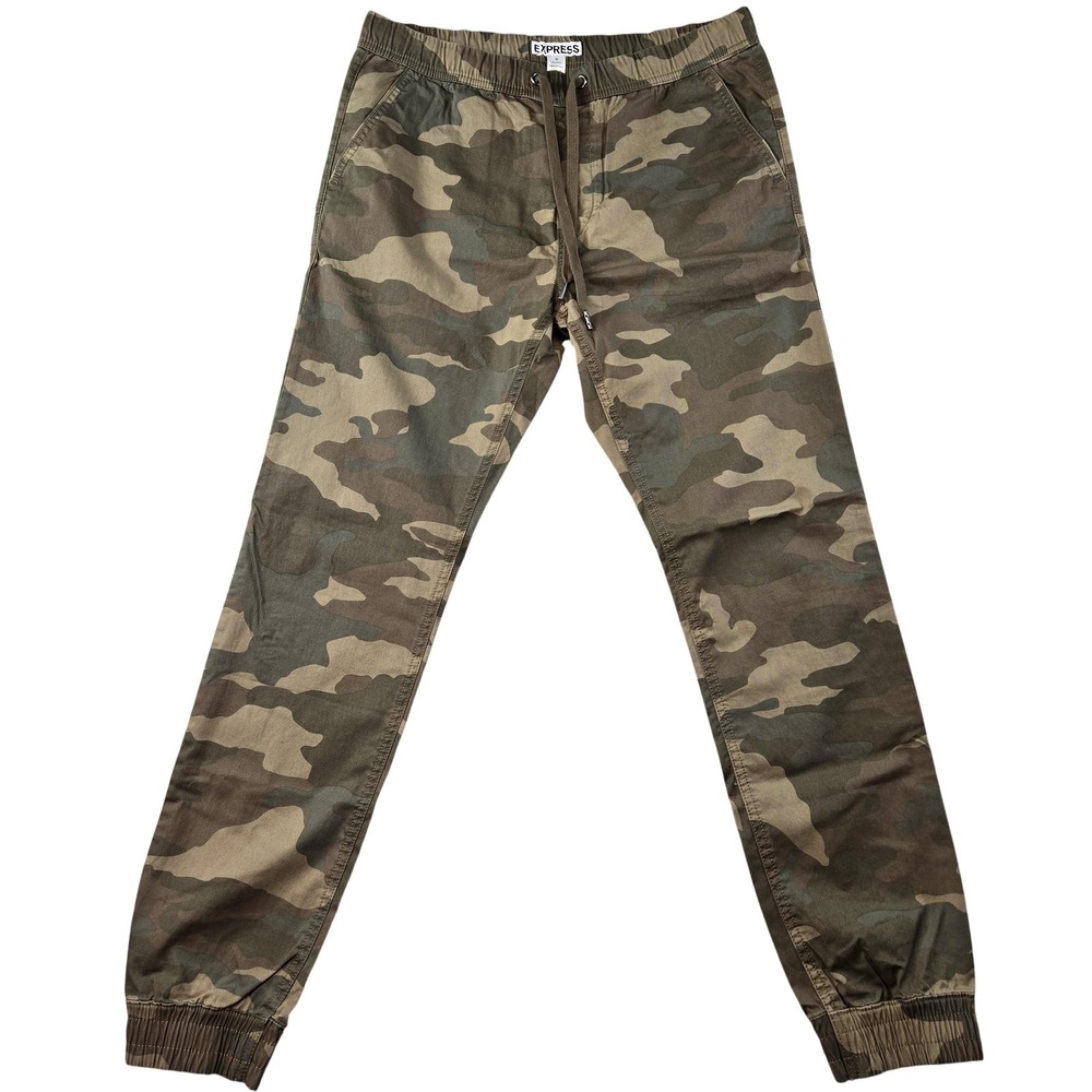Express Pants Mens 32x28 Green Camo Jogger Slim Cotton Canvas Elastic Pockets